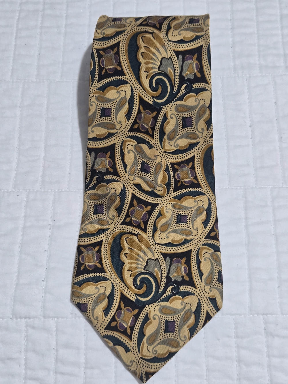 Oscar de la Renta Gold and Black Paisley Motif Silk Tie